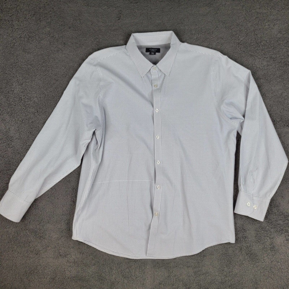 Attention‎ Dress Shirt Men's XL White Plaid Modern Fit Long Sleeve Button Down